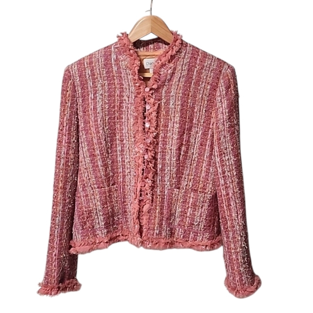 CHADWICKS VINTAGE Pink Boucle Tweed Crop Jacket 10 M Blazer Ribbon Fringe Shaggy - Picture 13 of 14